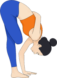 An illustration of Ardha Baddha Padmottanasana, Half Bound Lotus Standing Forward Fold.