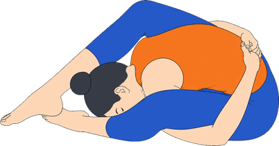 An illustration of Supta Kurmasana, Sleeping Tortoise Pose.