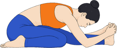 An illustration of Triang Mukha Eka Pada Paschimottanasana, Three Limbs Facing One Foot Forward Fold.
