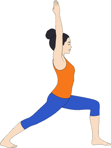 An illustration of Virabhadrasana A, Warrior One.