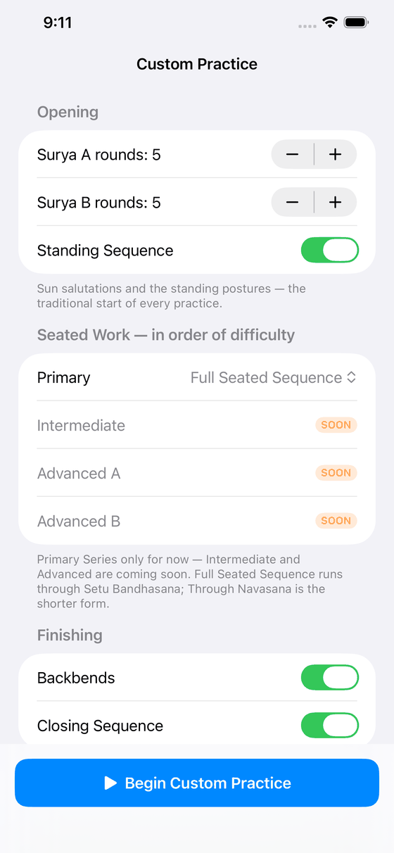 The Custom Practice builder, with Surya A and Surya B round counts, a Standing Sequence toggle, a seated-sequence picker set to Full Seated Sequence, and Backbends and Closing Sequence toggles.
