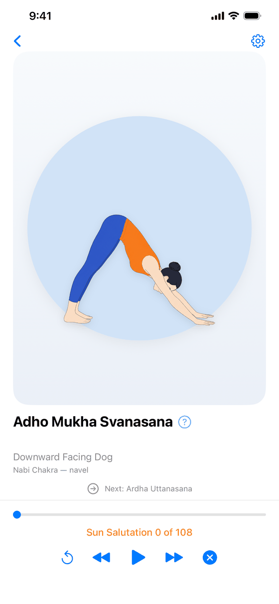 A mala in progress in My Ashtanga: an illustration of Adho Mukha Svanasana with the posture named in Sanskrit and English, and a Sun Salutation 0 of 108 counter beneath the progress bar.