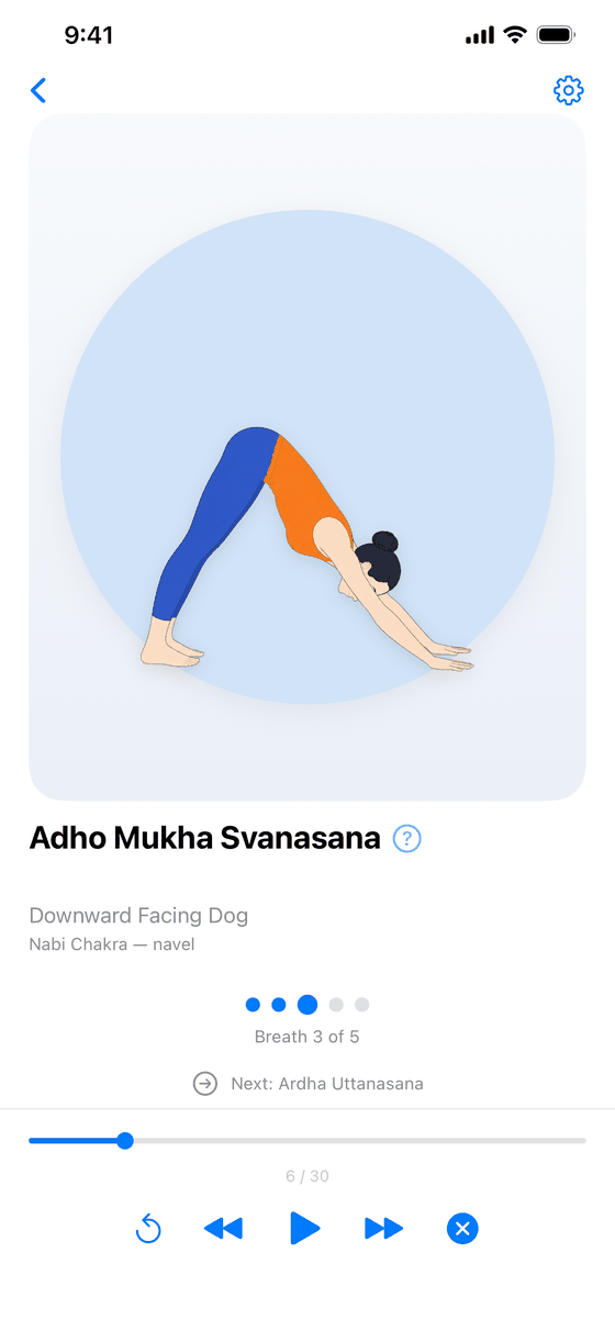 A practice in progress: an illustration of Adho Mukha Svanasana, the posture named in Sanskrit and English, the drishti given as Nabi Chakra at the navel, and a Breath 3 of 5 counter.