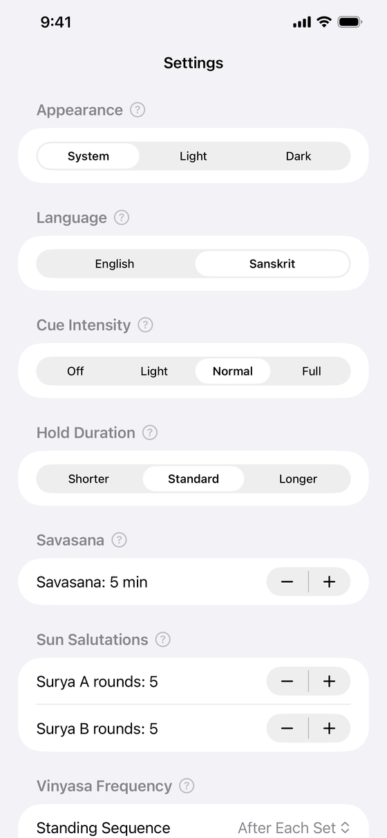 The Settings screen, with Appearance, Language set to Sanskrit, Cue Intensity, Hold Duration, a Savasana length of 5 minutes, Surya A and B rounds, and Vinyasa Frequency.
